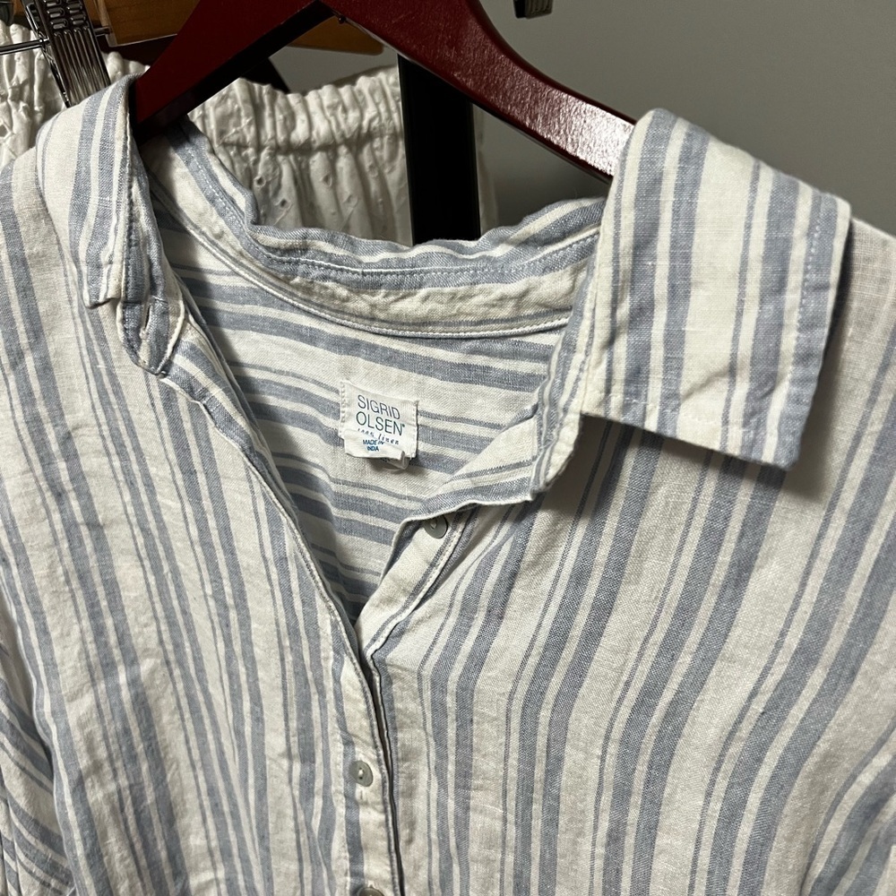 Sigrid Olsen 100 % Linen Women's White and Blue Striped Shirt Dress natural - Picture 6 of 7